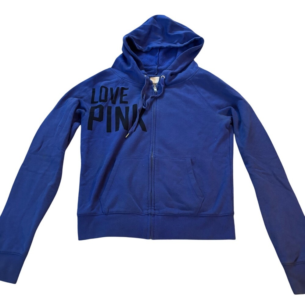 Victoria's Secret PINK Full Zip Hoodie Blue Love Pink Graphic Sweatshirt XS